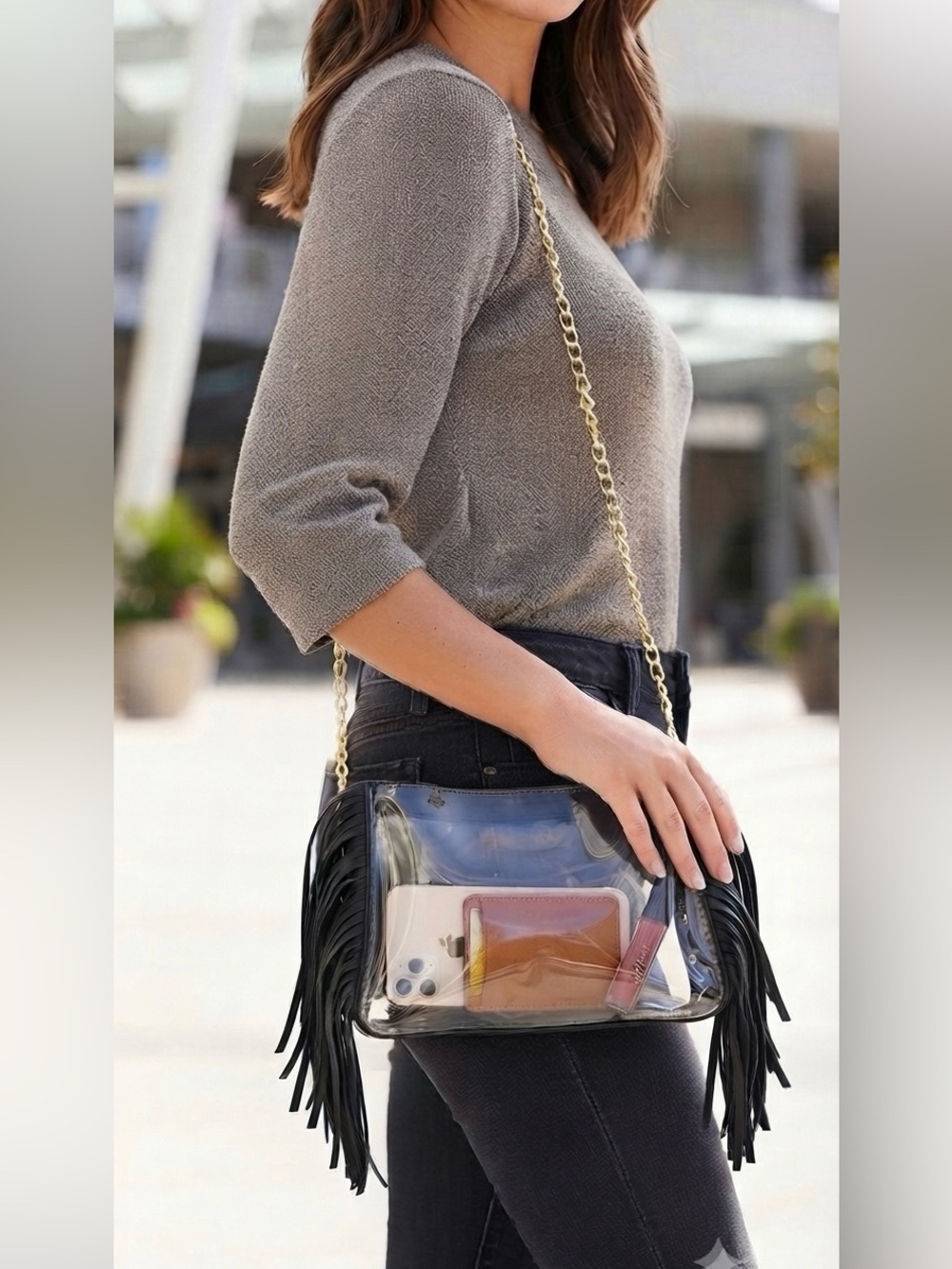 Stadium compliant clear cross body 
Bag with fringe & gold chain strap 
NWOT
